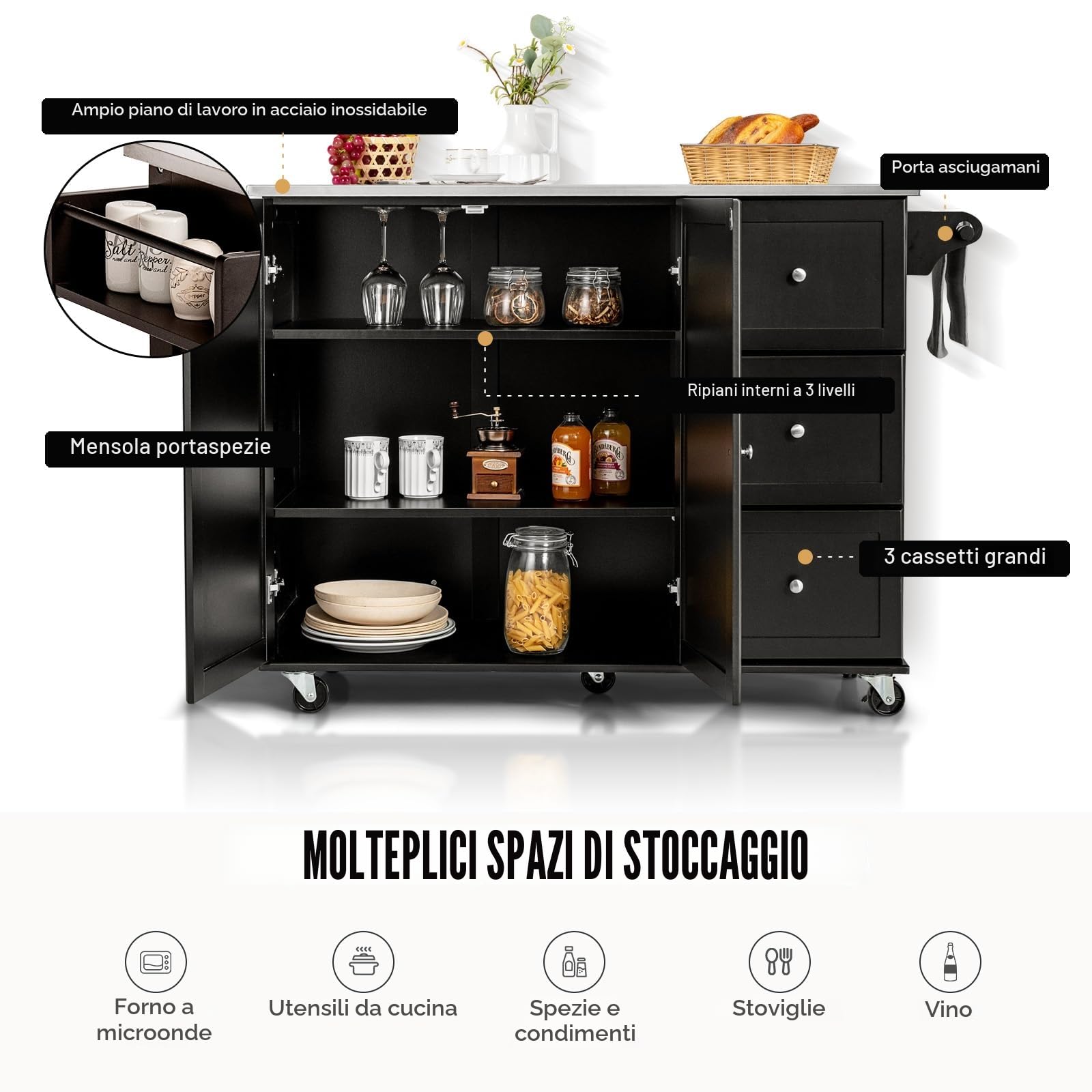 KOMFOTTEU Isola da Cucina Mobile con Piano di Lavoro in Acciaio Inox, Carrello da Cucina con 3 Cassetti & Porta Asciugamani & Ripiano Regolabile, Armadio da Cucina su Ruote, Carrello da Cucina 135 x