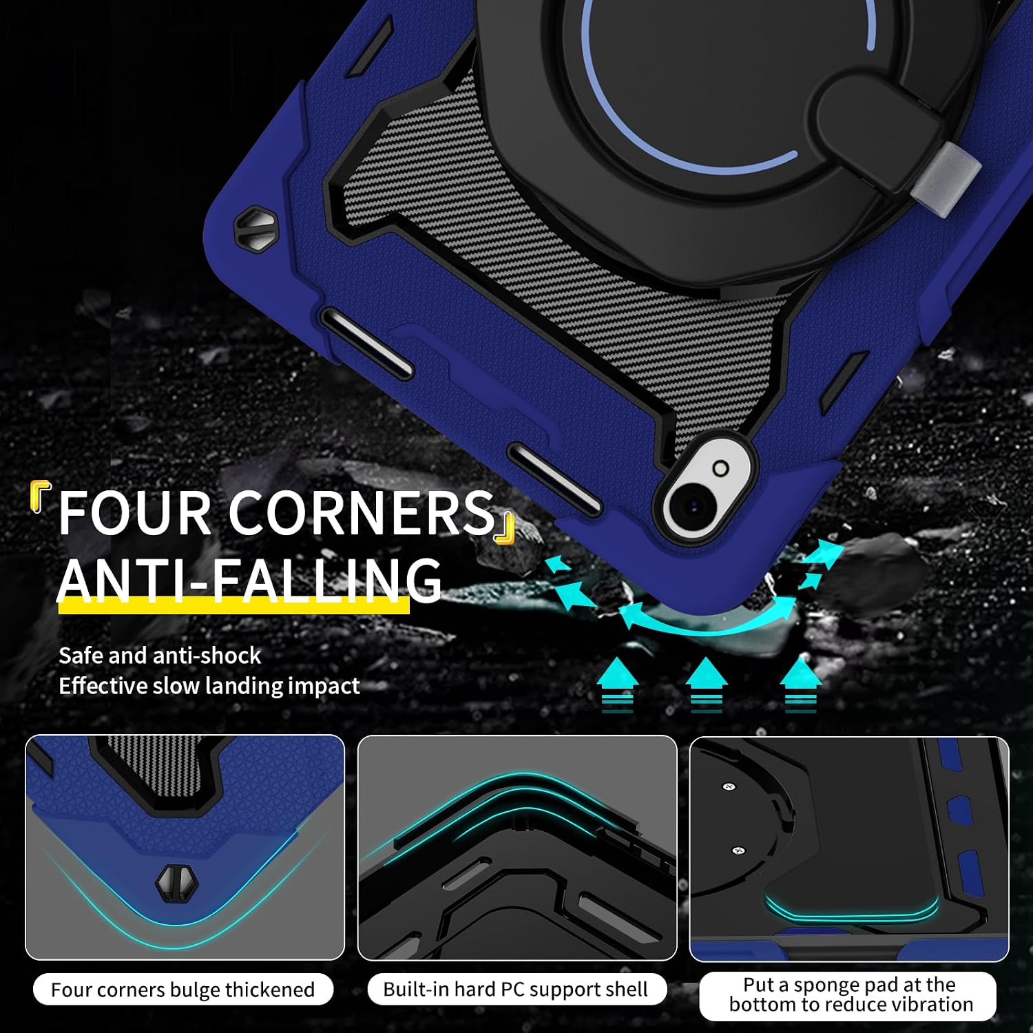 Case for Huawei Matepad SE 11 inch 2024 Case Heavy Duty Full-Body Shockproof Case, PC + Silicone 3-Layers Protective Cover with 360° Rotating Ring Stand & Shoulder Strap (Durk Blue)
