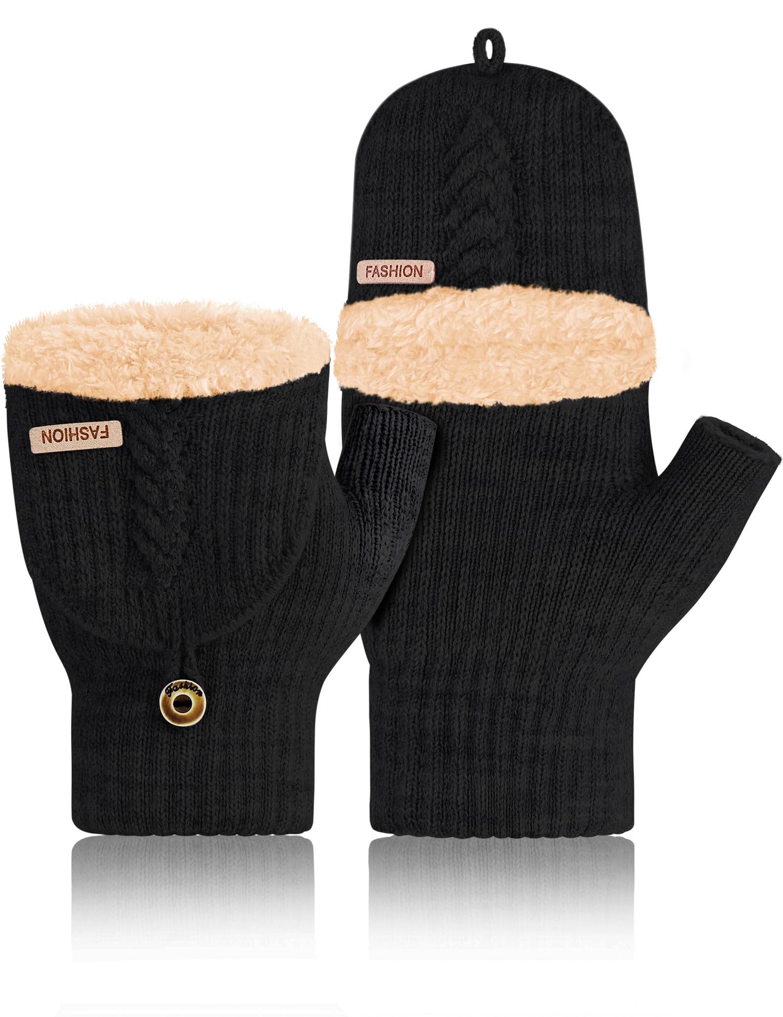 MELLIEX Thermo Halbfinger Handschuhe, Fingerlose Handschuhe mit Kappe, Dicke Strickhandschuhe, Weiche Fäustlinge, Schwarz, Unisex, Medium to Large 