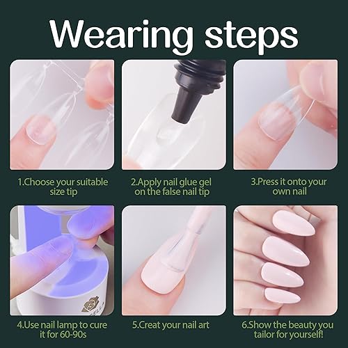 Miniatura 6 de UNA GELLA Puntas de uñas de almendra con pegamento para curado de gel, puntas de uñas de gel suave de almendra media, en forma de almendra con