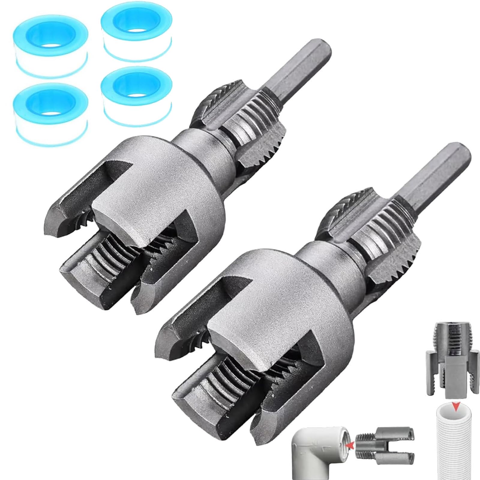 Integrated Internal & External Pipe Threading Tool,Pipe Thread Cutting Tool,1/2'' 3/4'' PVC Pipe Threader Kit for Electric Drill, Plumbing Repairs (1/2"+3/4")