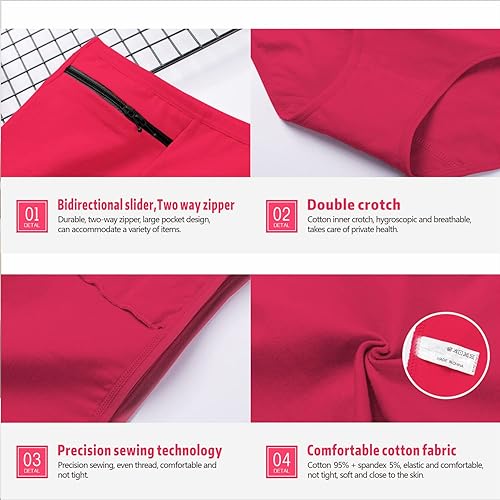 Miniatura 5 de Paquete de 2 calzoncillos con bolsillo oculto para mujer, pantalones cortos secretos con bolsillo oculto, ropa interior con bolsillo secreto (rojo)