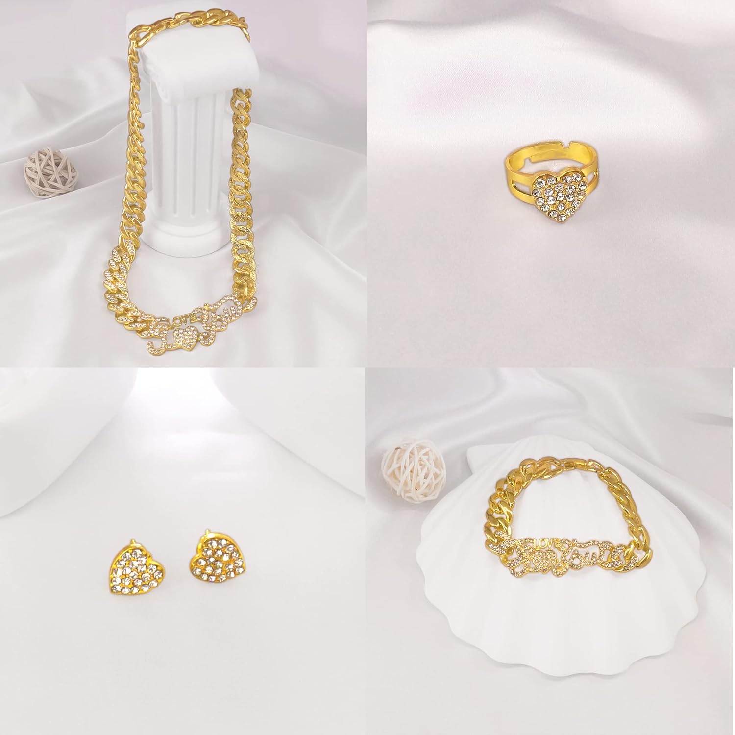 Jewelry Necklace Set Cuban Link Chain Necklace Bracelet Rhinestone Hoop Earrings Set Bling Necklace Bracelet Women Girls Accessories Sweetheart Gifts - Image 4