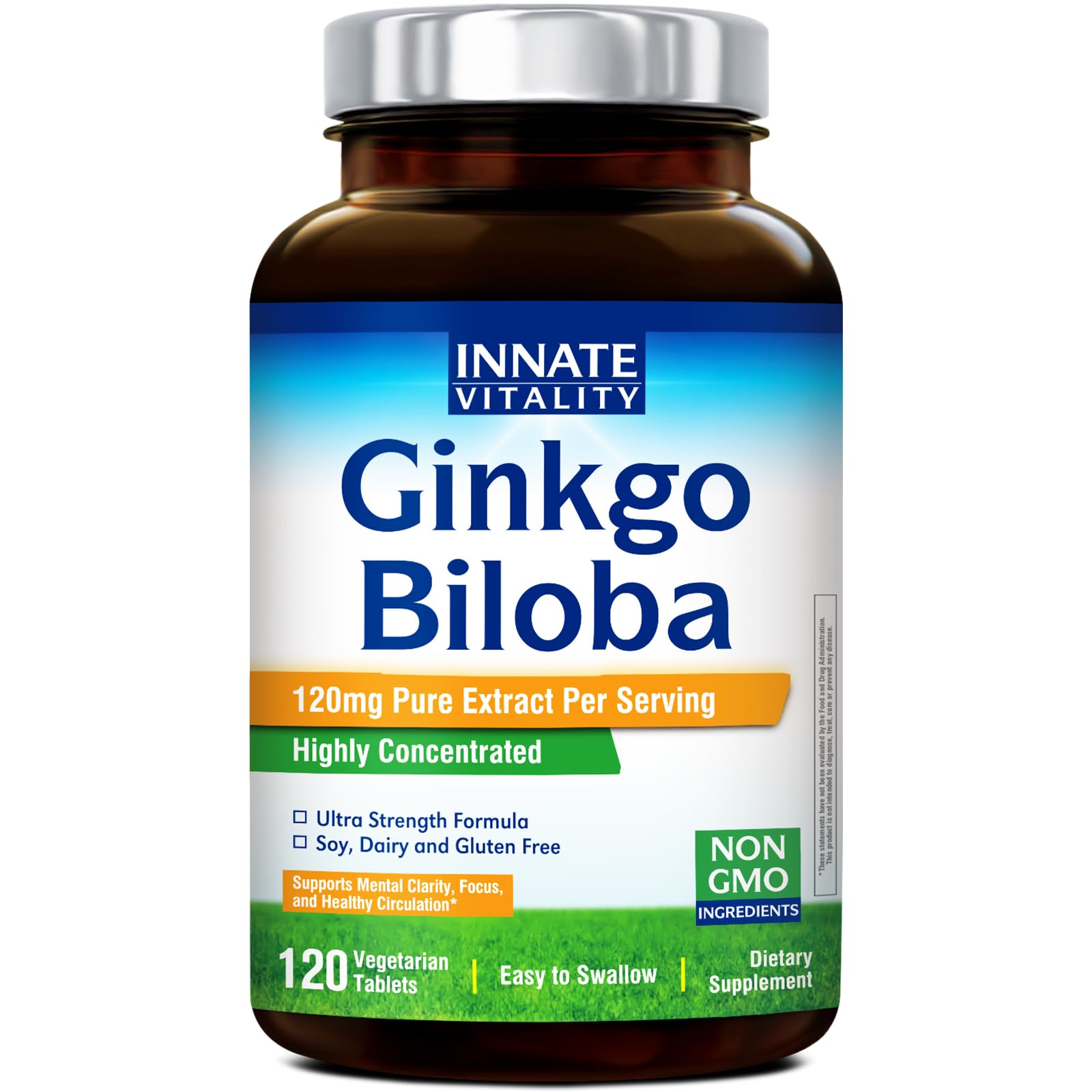 Innate Vitality Ginkgo Biloba Tablets, 120mg Extract Per Serving, Extra Strength, Mental Clarity, Focus, Healthy Circulation, for Men & Women, Non-GMO, 120 Count