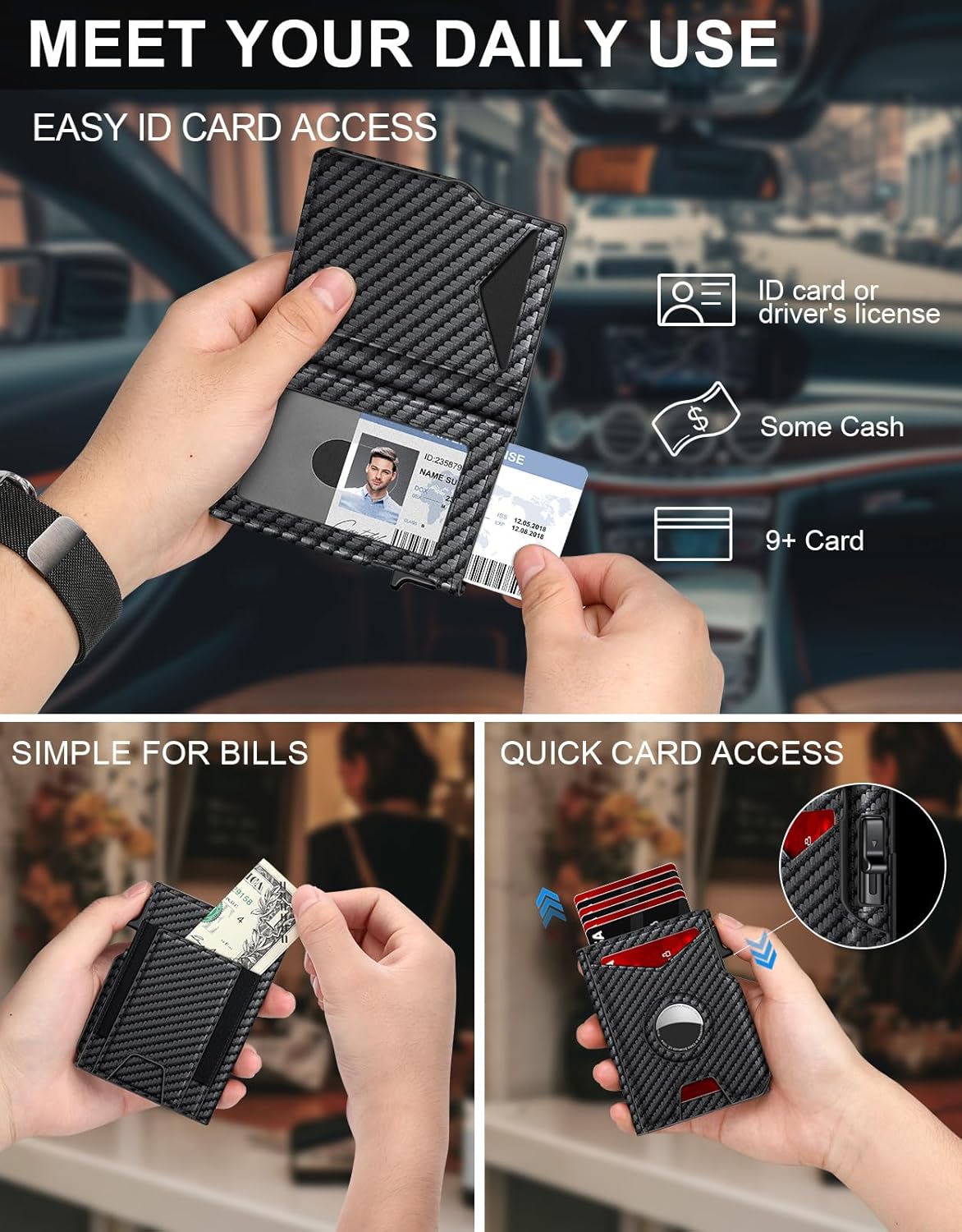 airtag wallet for men, minimalist slim mens wallet smart pop up credit card holder for 9-13 cards, rfid blocking wallet with id window & cash slot, compact bifold metal aluminum card case carbon