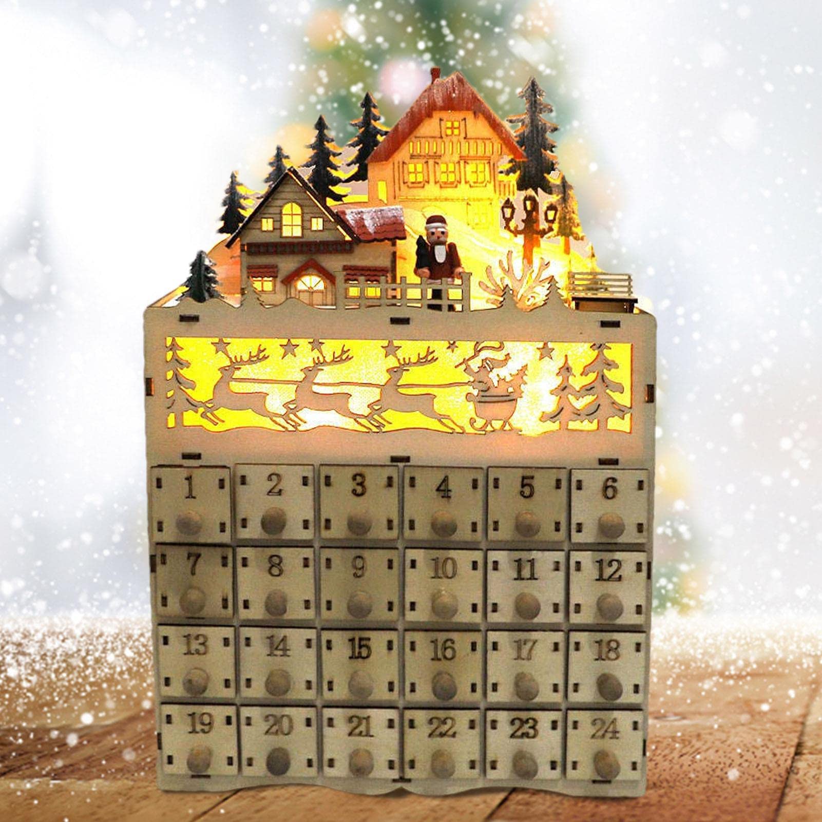 Amazon.co.jp: 木製クリスマスアドベントカレンダー - LEDライト付きの