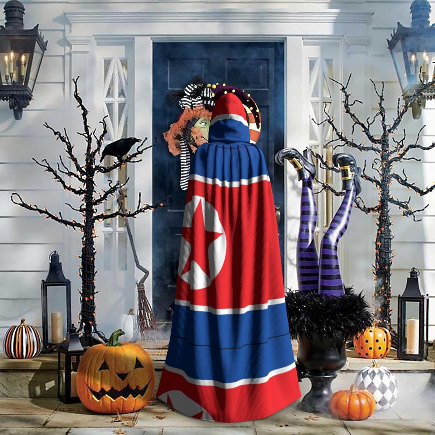 North Korean flag Unique Darkness Poncho Shawl - Customizable Wearable Blanket for Women, Perfect Halloween Costume Accessory, Knight, Akatsuki, and More