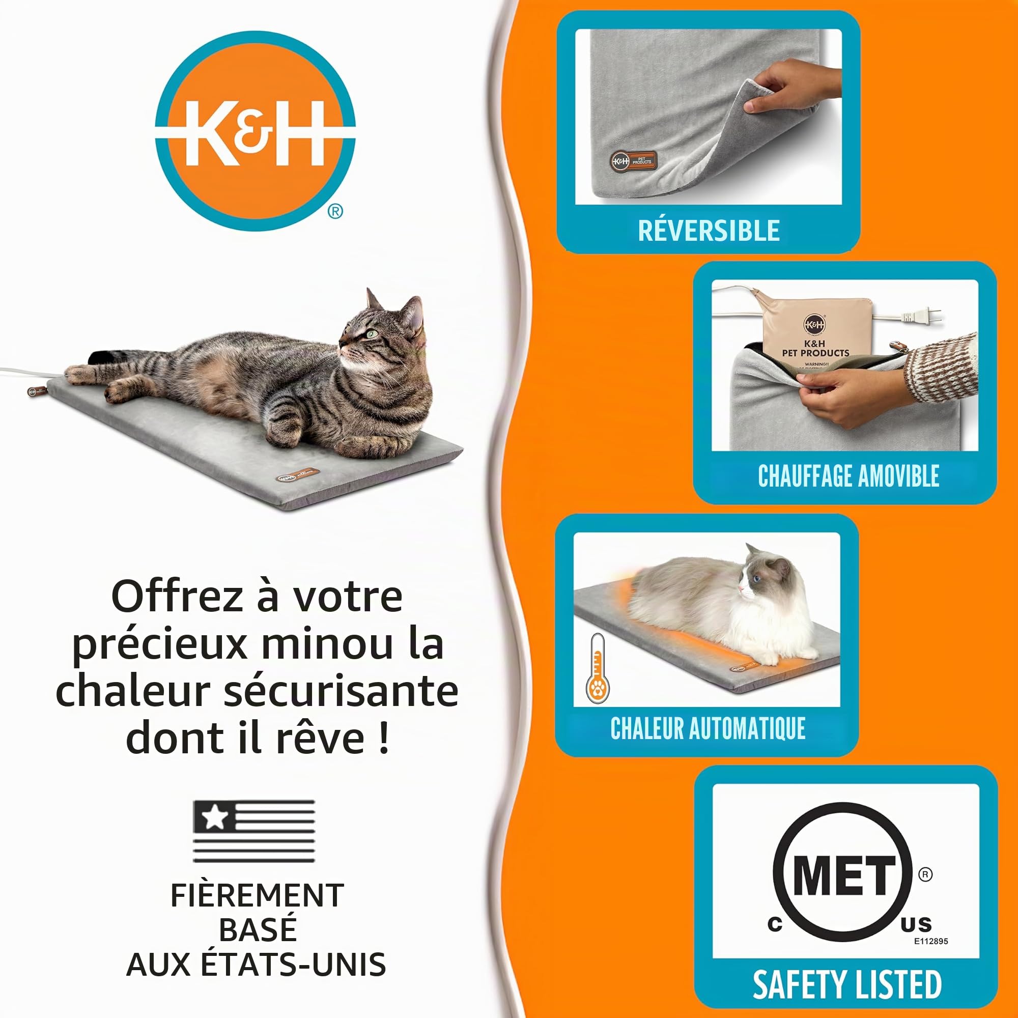 K&H Pet Products Tapis Chauffant pour Chat d'intérieur – Tapis Chauffant apaisant et Chaud pour Animaux de Compagnie – Lavable en Machine – Chauffage imperméable – Sécurité listée – 31,5 x 63,5 cm –