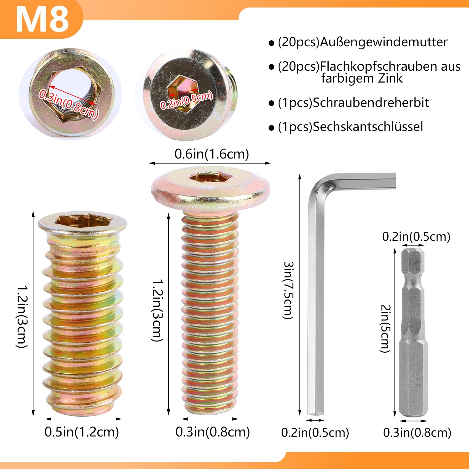 Wkład gwintowany do drewna i śruby M8 x 30 mm 20 szt. Nakrętki wkręcane ze stali węglowej z kluczem sześciokątnym do mebli drewnianych, okuć meblowych (M8 x 30)