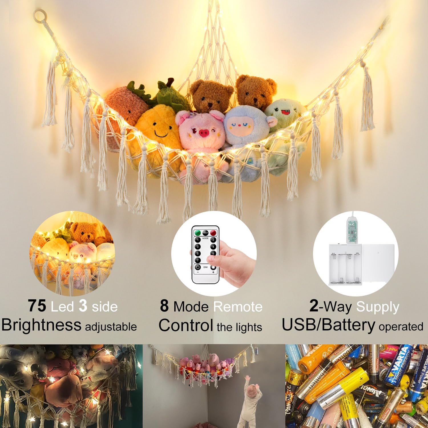 Hamaca de animales de peluche con 75 LED, hamaca de macramé de almacenamiento de juguetes extragrande de 55 pulgadas, red de juguetes colgante para dormitorio de niños, organizador de esquina de 2