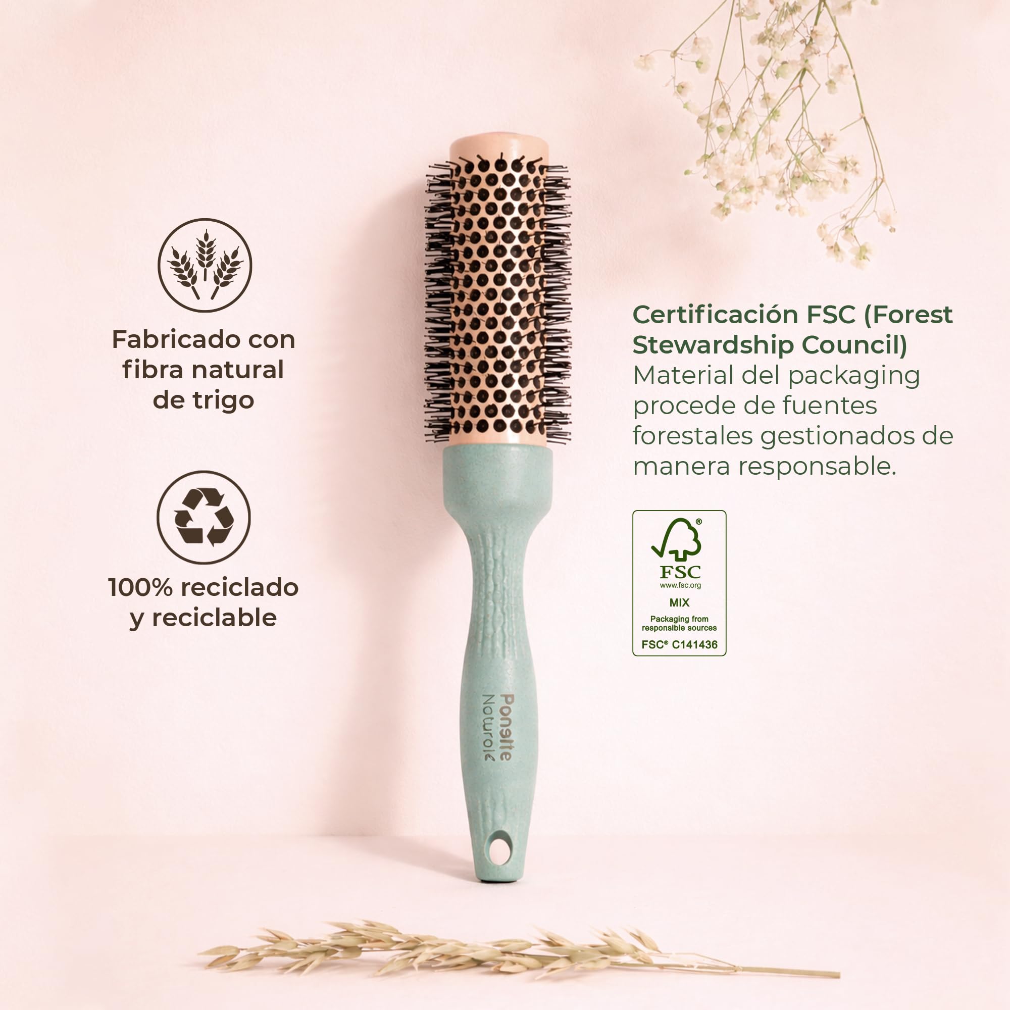 PONETTE NATURAL - Cepillo Térmico Redondo ECO de Aluminio con Revestimiento Cerámico de 34mm de Diámetro Verde Turquesa, Fabricado con Fibra Natural de Trigo, 100% Reciclable, Marca Española