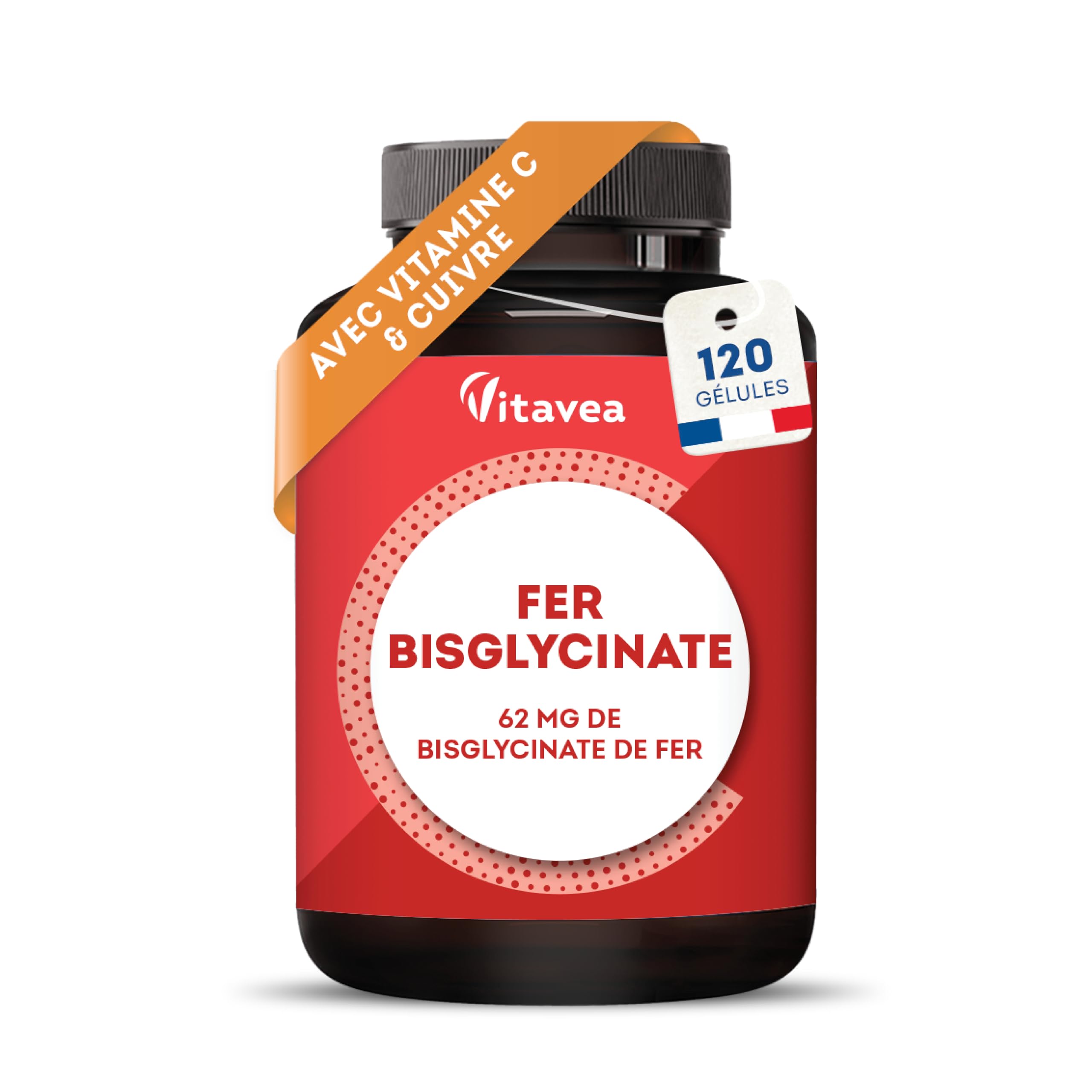 Fer Bisglycinate 14 mg + Vitamine C & Cuivre - Haute absorption, Réduit la Fatigue, Soutien Immunitaire - Avec Cuivre - 120 gélules Vegan - Fabriqué en France - Vitavea