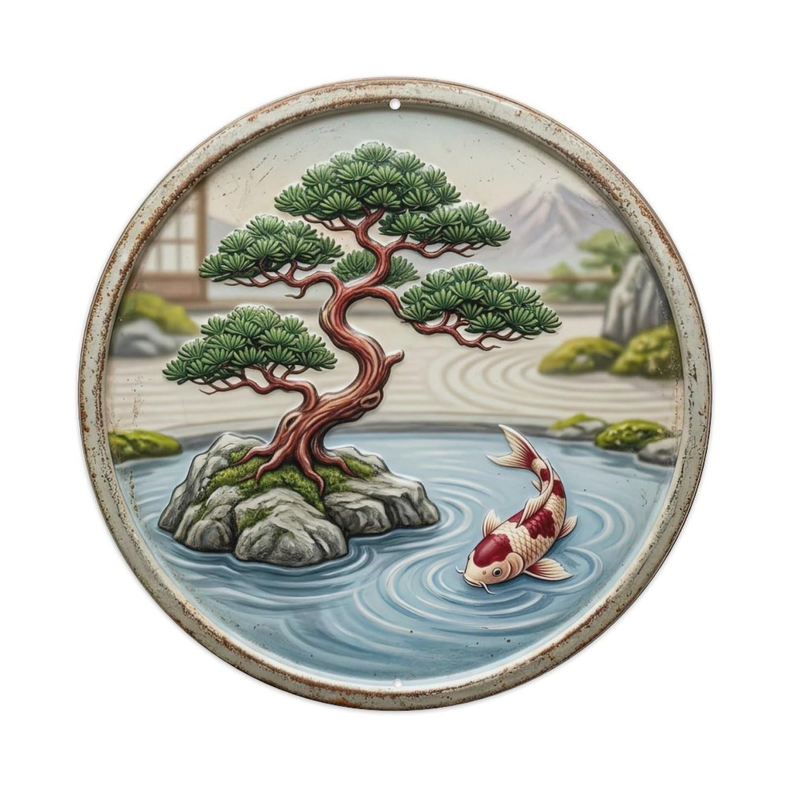 Bonsai Tree Harmony Koi Fish 1 Metal Tin Sign Plaque Wall Decor for Cafe, Club, Garden Round Metal Poster 8x8Inch