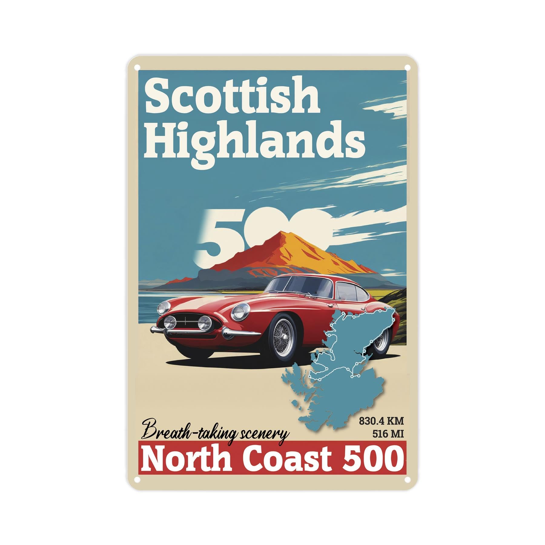 Scottish Highlands Metal Wall Sign - North Coast 500 - Retro Metal Home Decor Gift for Car Lovers 28cm x 20cm