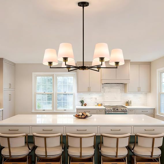 Oil-Rubbed Bronze Chandeliers for Dining Room, 36 6 Light No Assembly Required Antique Modern Chandelier Light Fixture with White Fabric Shade, Classic Kitchen Pendant Lights over Table for Bedroom