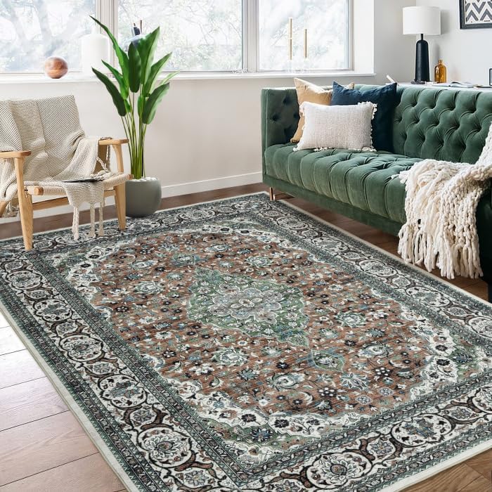 COZYLOOM Vintage Rug 5x7 Washable Rugs Non-Slip Throw Rug Low Pile Living Room Rug Distessed Floor Carpet for Entrance Laundry, Green