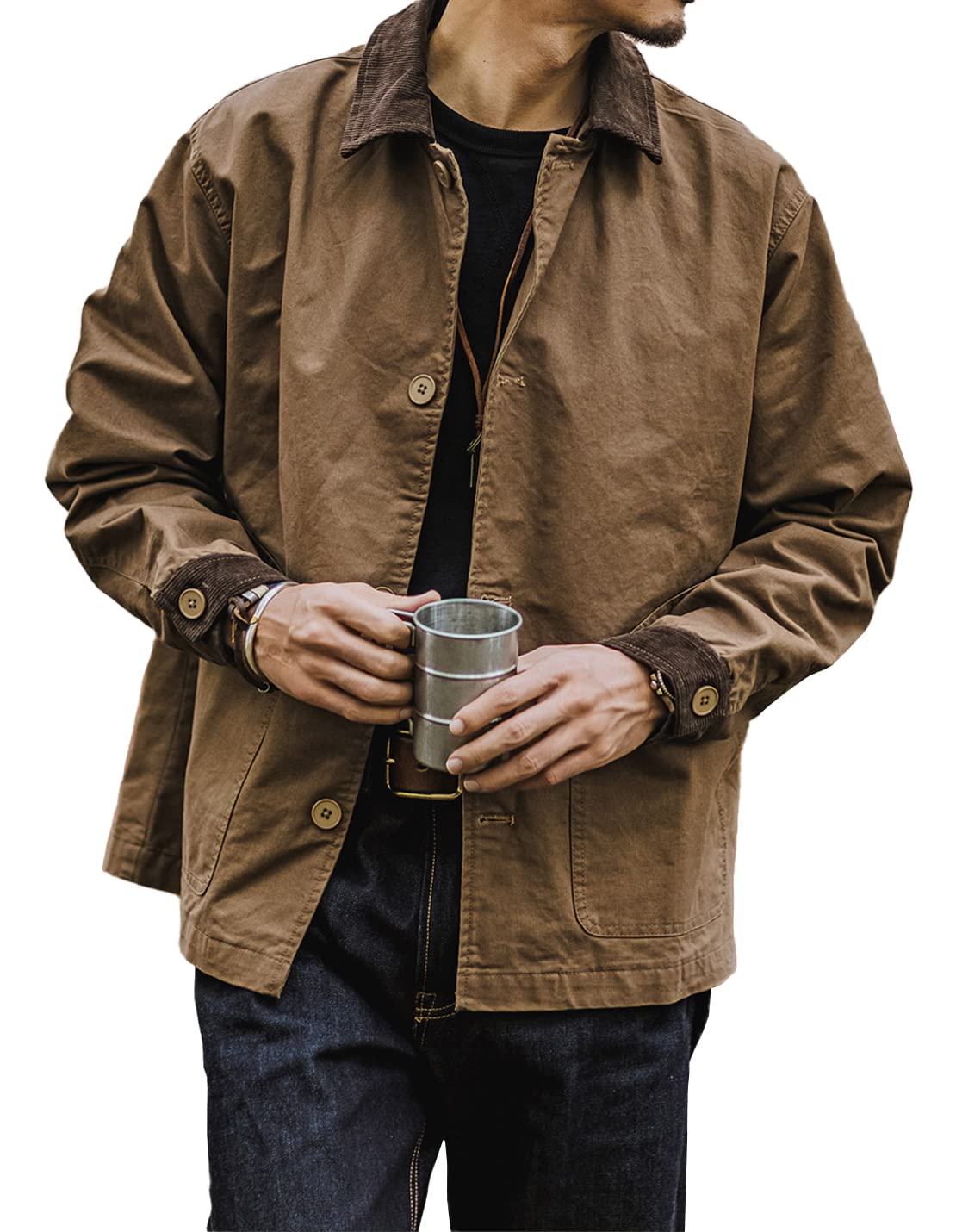 VIEWONMen's Casual Turn Down Collar Vintage Button Down Loose Outdoor Camping Long Sleeve Jacket Coat