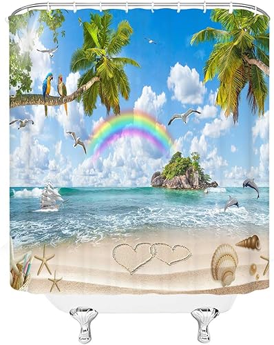 Miniatura 3 de Cortina de ducha de verano, playa, playa, palmera, lindo loro, gaviota, delfín, arco iris, cielo azul, cortinas de decoración de baño, tela de