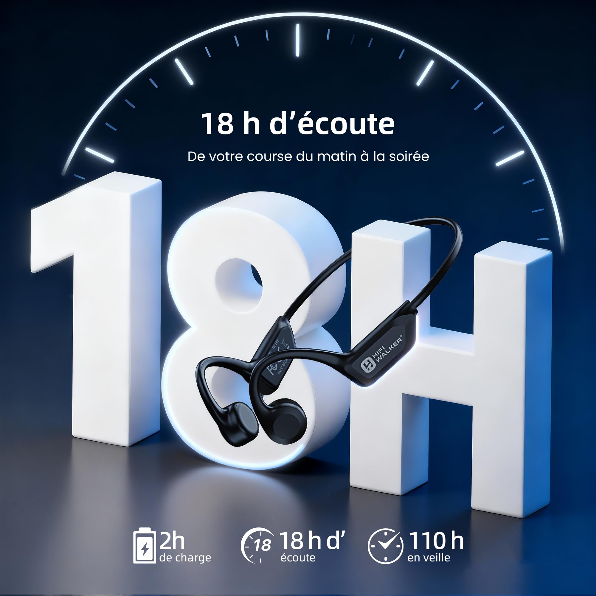 HIFI WALKER Casque Conduction Osseuse Bluetooth 6.0, IPX7 Écouteurs à Conduction Osseuse avec Micro, 18h Autonomie Ecouteurs sans Fil Sport pour Course à Pied, Running, Cyclisme, Fintess