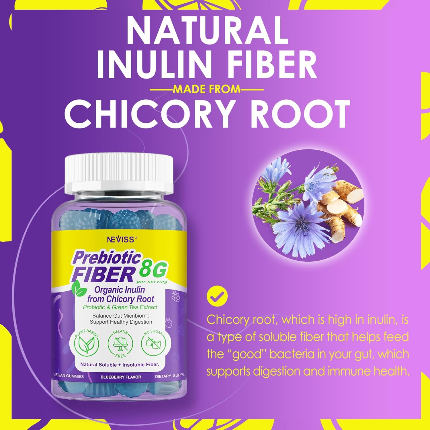 8G Fiber Gummies with Probiotics, Fiber Supplement with 25 Billion CFU Probiotics Blend, Inulin, Green Tea Extract Support Digestive Health, Regularity, No Sugar Added, Daily Gummy for Adults, 120Cts - Image 3