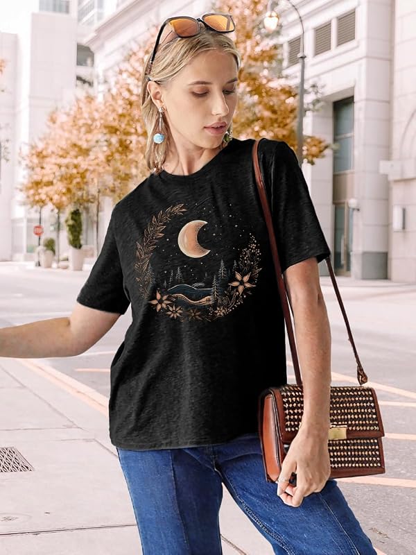 AIMSEN Womens Graphic Tees Crew Neck Moon Shirt Summer Casual Wildflower Shirts Cute Tshirt A-Black by AIMSEN - Used condition - Image 4