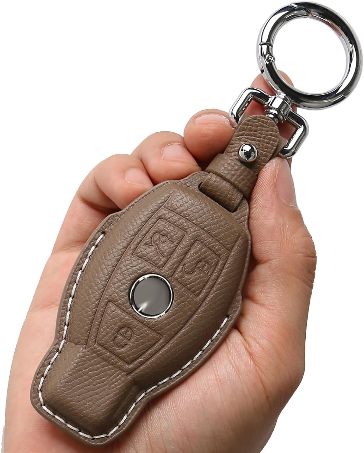 Leather Key fob Cover,Keychain Shell,Leather Key case Protector Compatible for 3 Buttons Mercedes Benz C E M S GLK CLA GLA GLC GLE CLS CLK G AMG Series Smart Remote Key (Khaki)