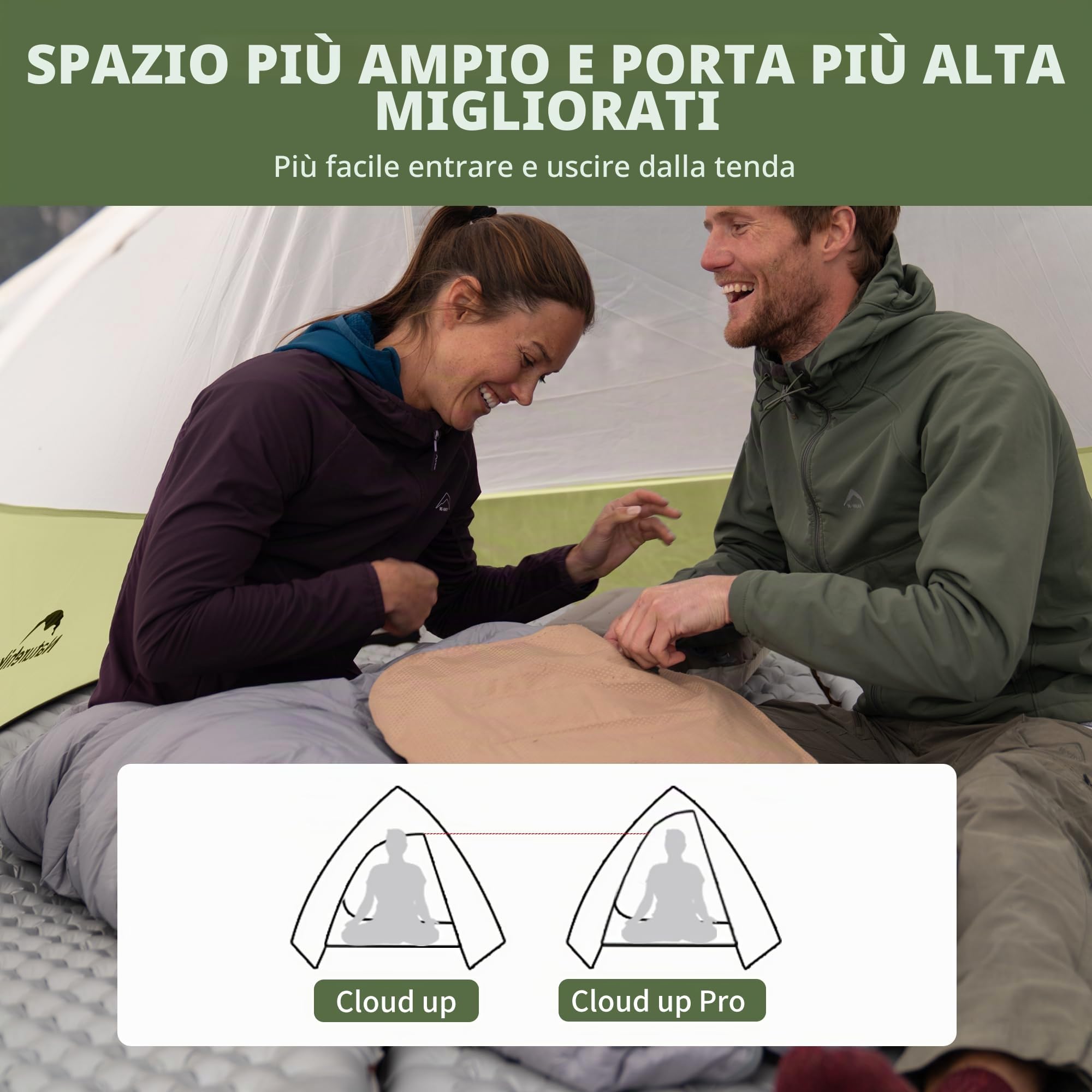 Naturehike Cloud Up Pro - Tenda da campeggio leggera per 2 persone, facile da montare, antivento e impermeabile, per attività all'aperto, viaggi, trekking (verde oliva/senza fluoro)