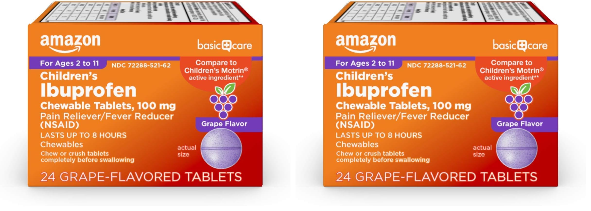 Amazon Basic Care Children's Ibuprofen Chewable Tablets 100 mg, Grape Flavor, Pain Reliever and Fever Reducer (NSAID), for Sore Throat, Toothache, Headache Relief and More, 24 Count (Pack of 2)