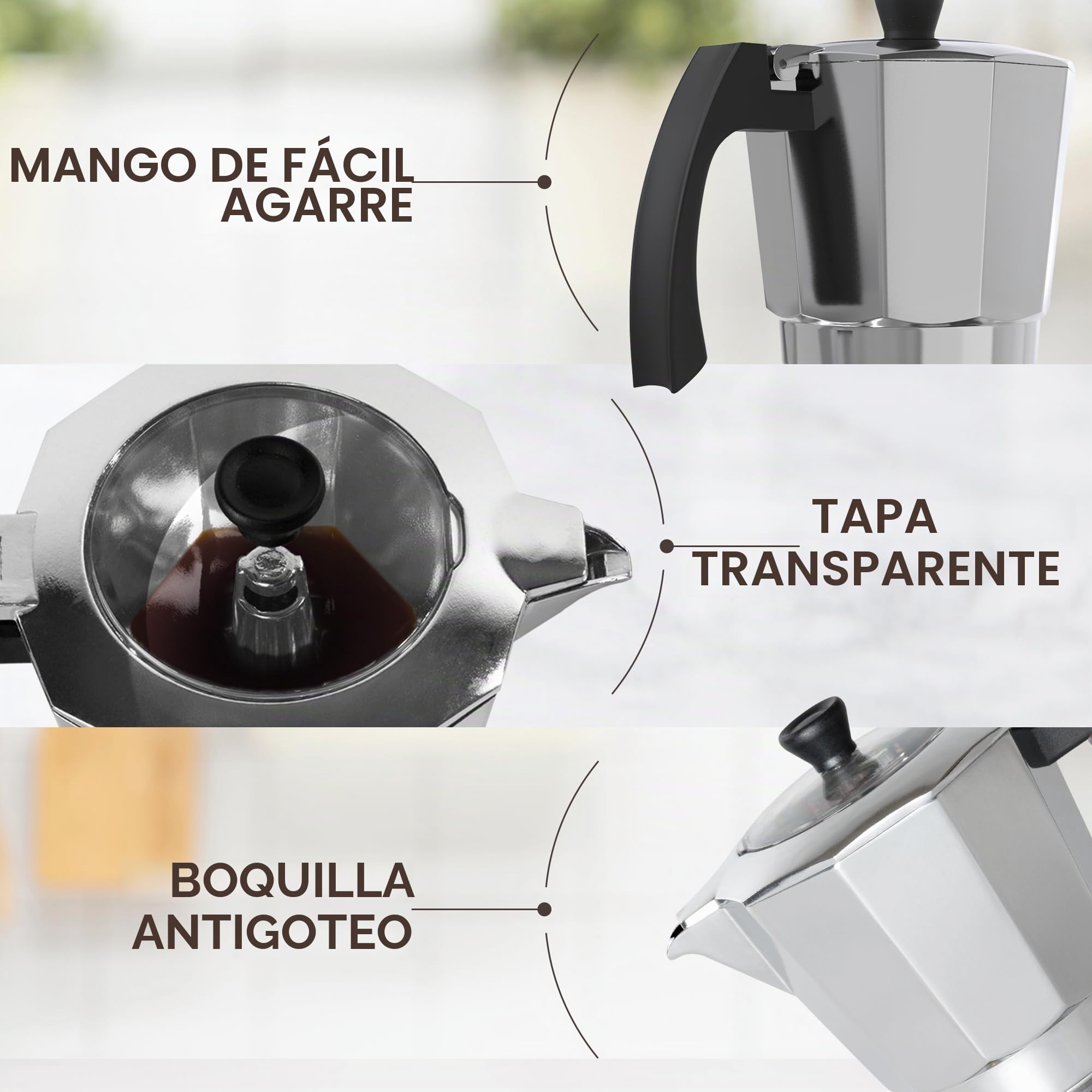 Cafe Du Chateau Cafetera Italiana Induccion de café con tapa transparente, acabado brillante, cuchara de café, 6 tazas y máquina de moca para capuchino, latte