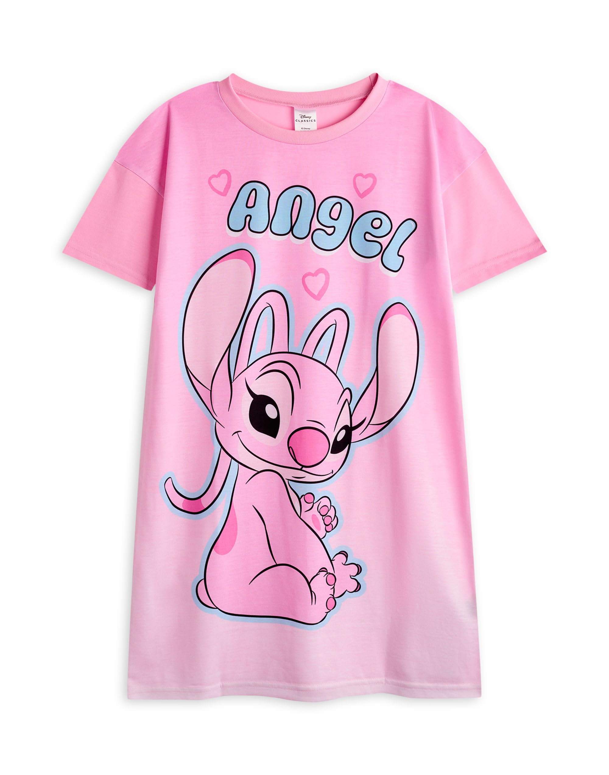 Disney Angel & Stitch Dziewczęca koszula nocna, piżama, 2 sztuki, nadruk z postacią dla dzieci, koszulka nocna z krótkim rękawem, kolor niebieski i różowy, dziecięcy top do spania z sercami, prezent