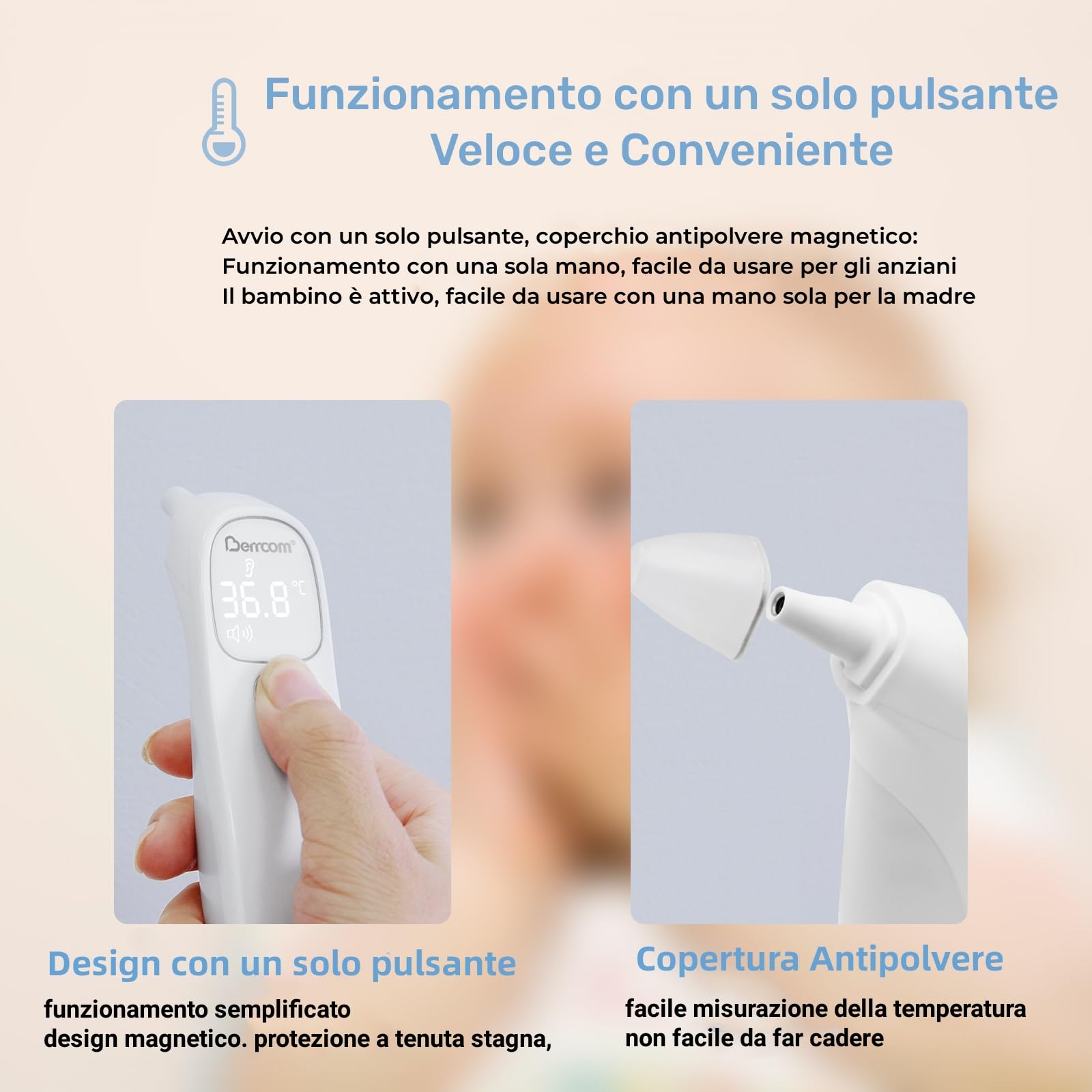 Berrcom Termometro Fronte e Orecchio Termometro Febbre Infrarossi Senza Contatto Termometro Neonato Digitale con Lettura Istantanea, Interruttore °C/°F, Allarme Febbre