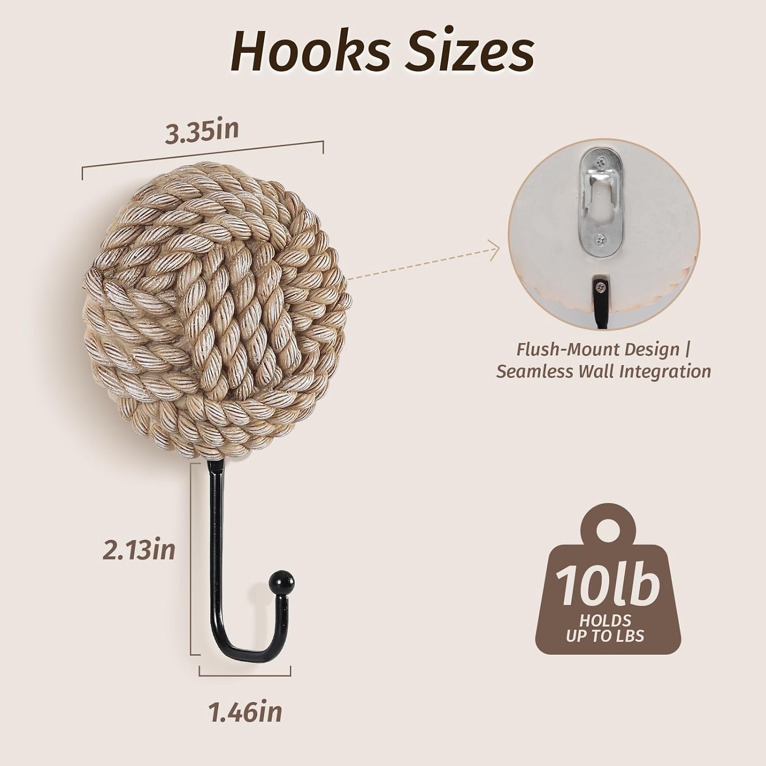 Rope Knot Boho Coat Hook, Resin and Metal Decorative Nautical Wall Hook for Wall, Heavy Duty Farmhouse Wall Hooks for Coats Bags Keys Towels, Entryway Bedroom Bathroom