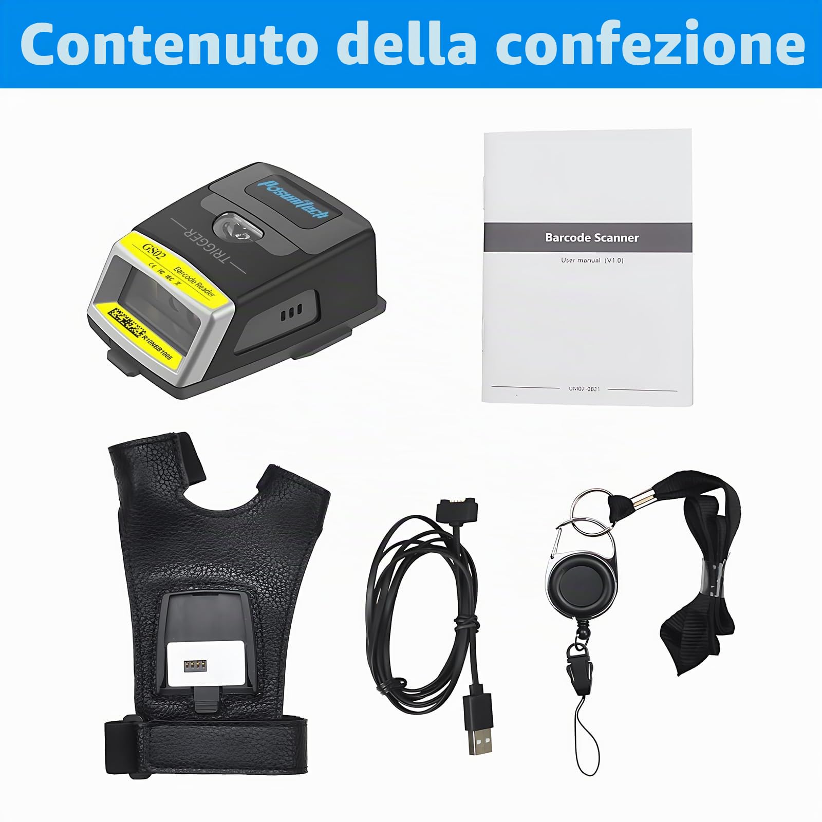 Guanto lettore di codici a barre 2D GS02 Wearable Scanner lettore IP65 Touch Scanning NFC Supporto multilingue per magazzino, sistema di gestione, produzione, spedizione, picking