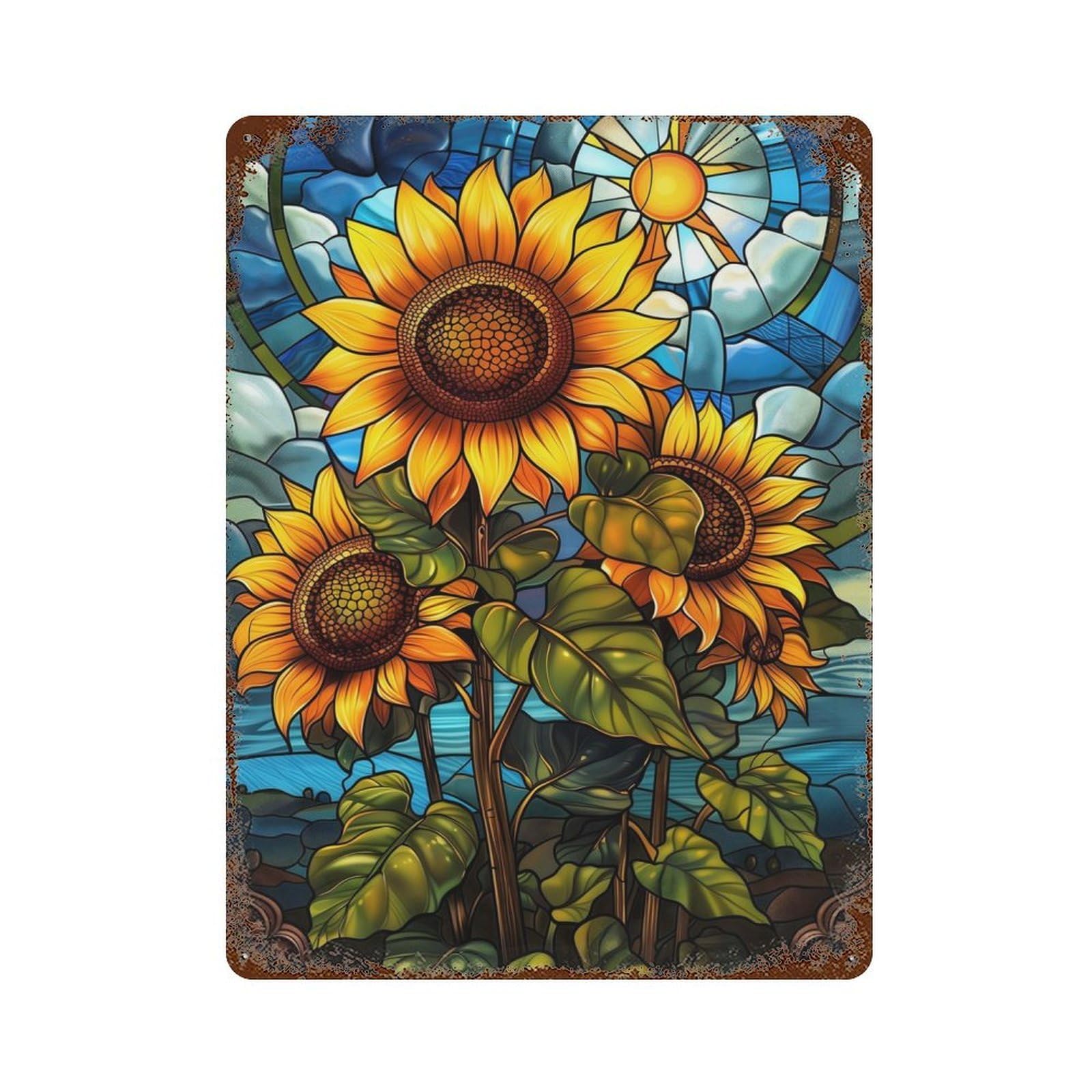 Rusty Metal Tin Sign Sunlit Sunflowers 15.7"x11.8", Industrial Home Decor for Patio, Garden Room And Bar Decor