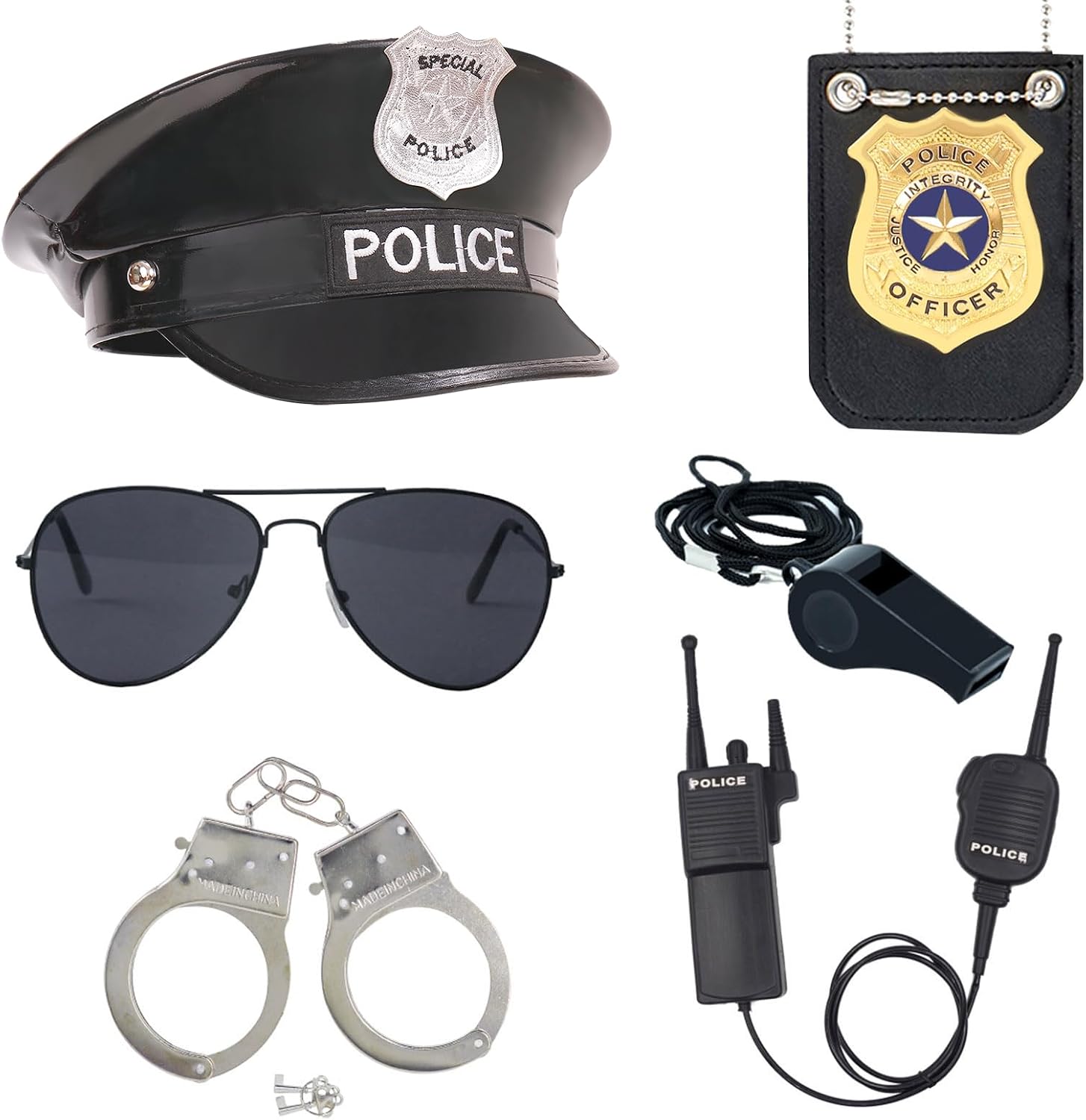 Police Officer Role Play Kit Hat Handcuffs Sunglasses Policeman Costume Accessories for Cop Swat Halloween Party
