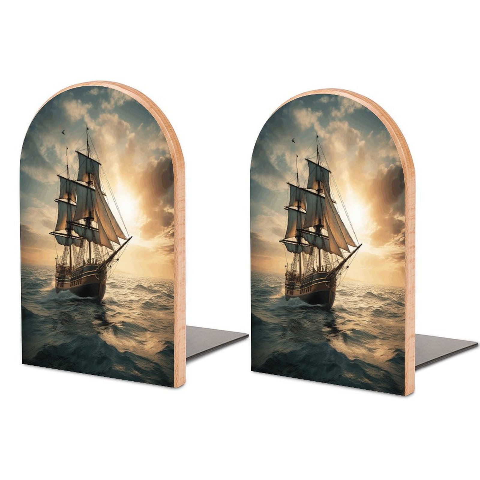 Ship Sailing Alone Bookend Wood Book End for Shelves Heavy Duty Non-Slip Wooden Bookend Support Universal Economy Bookends Fancy Modern Decorative Book Accessories 1 Pairs