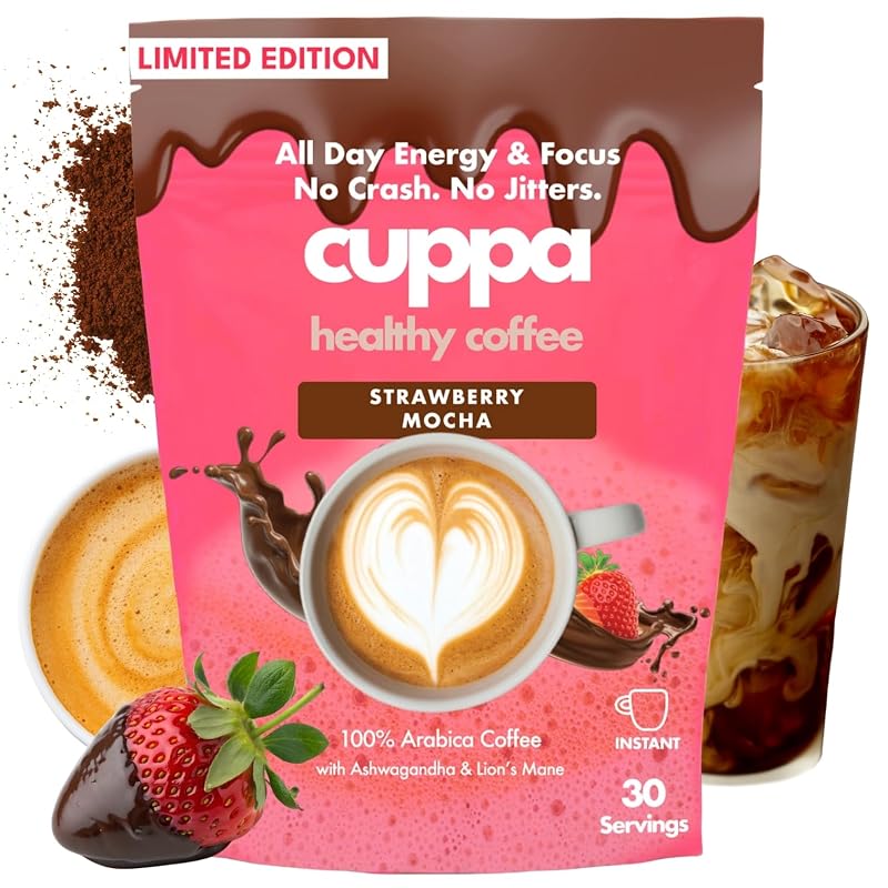 Cuppa Healthy Coffee Café instantâneo sabor Strawberry Mocha com Lion’s Mane, ashwagandha, cordyceps, MCT, fibra prebiótica e L-teanina, 30 sachês