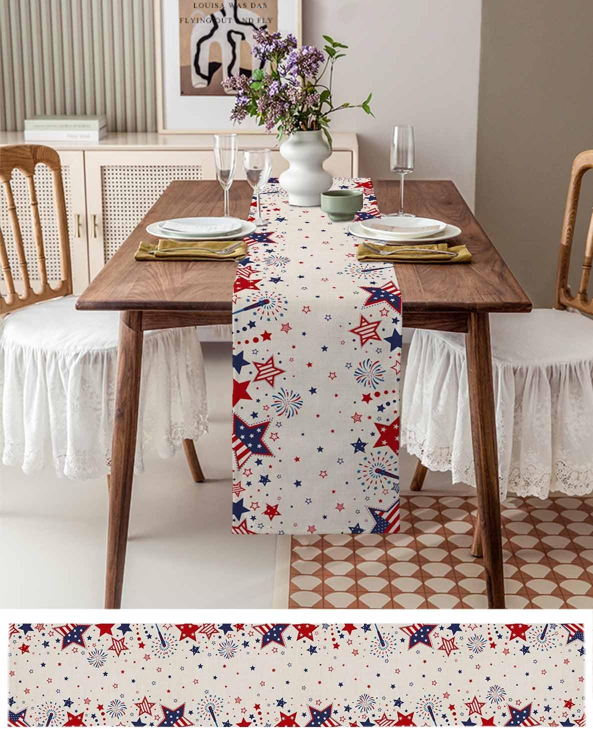 Cotton Linen Red White and Blue Stars Table Runner 72 inches Long, 4th of July Red Blue Stars Firework USA Flag Retro Table Cloth Dresser Scarves,Patriotic Table Runners for Dining Table