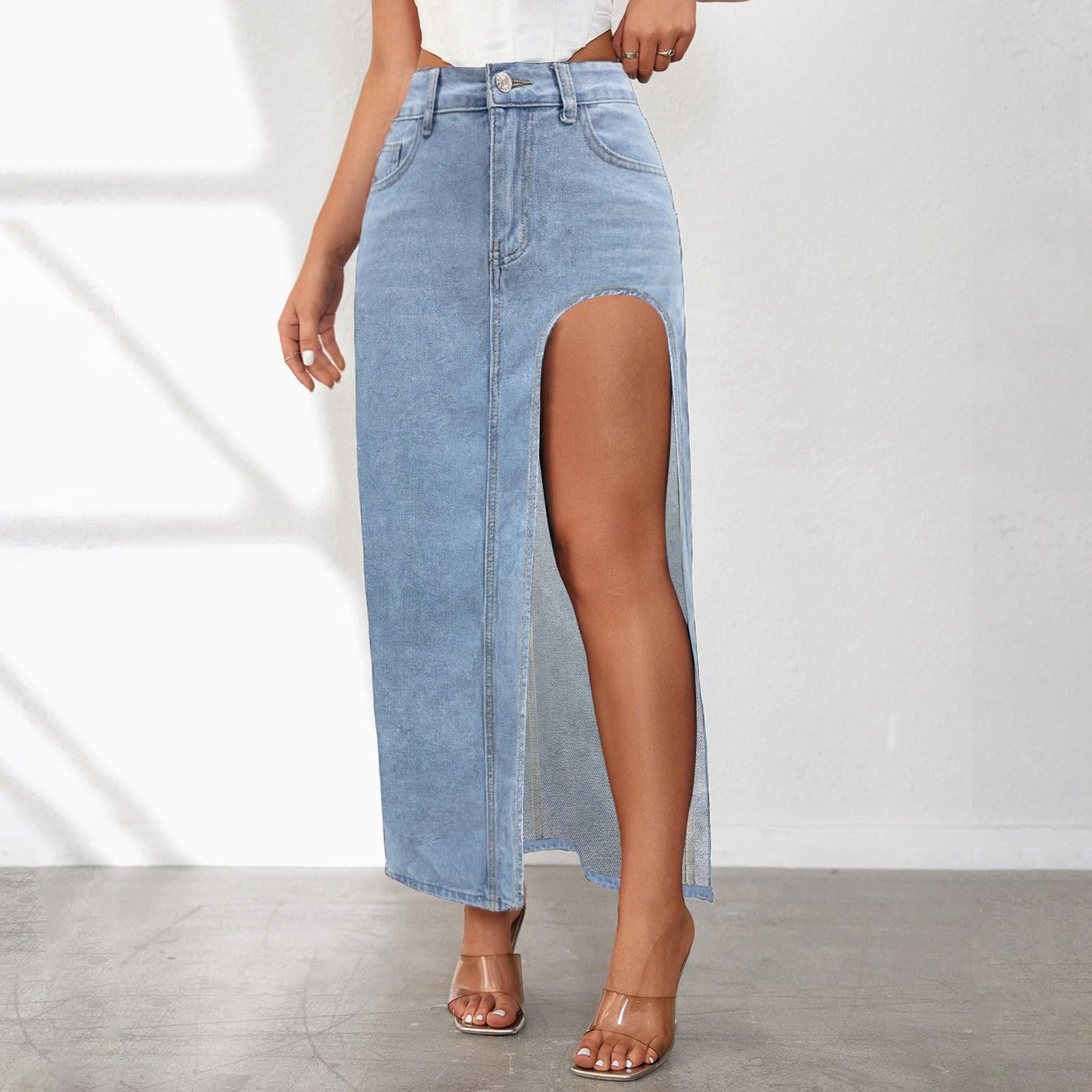 Jeansrock Damen Vintage Sommerrock High Waist Y2K Lang Jeansrock mit Vorderem Schlitz Denim Freizeitrock Midirock A-Linie Mit Tasche