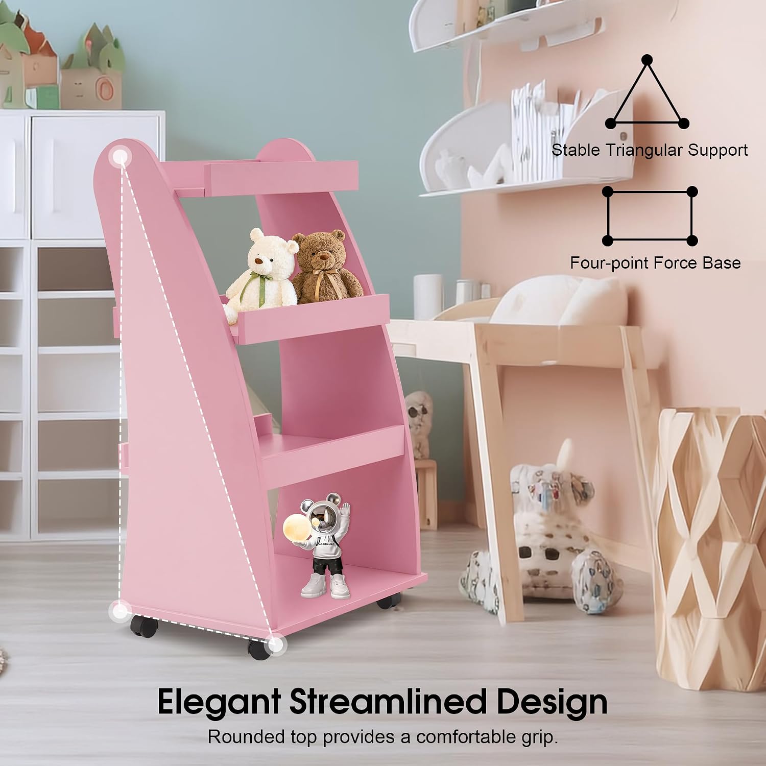 BarberPub Kids Bookshelf with Wheels, 4-Tier Rolling Cart with Storage, Book Organizer, Children's Bookcases with Shelves for Nursery, Playroom, Bedroom 2030 (Pink)
