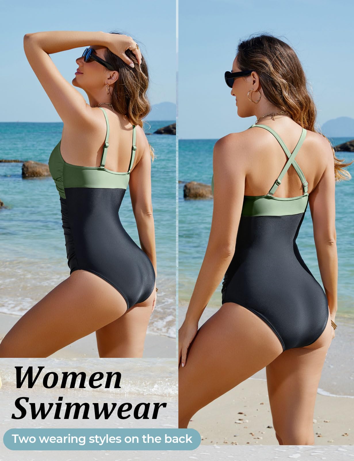 heekpek Bañadores Mujer Reductores Cuello en V Traje de Baño Una Pieza Vientre Plano Cintura Alto Entero Bañador Natacion con Relleno y Push Up