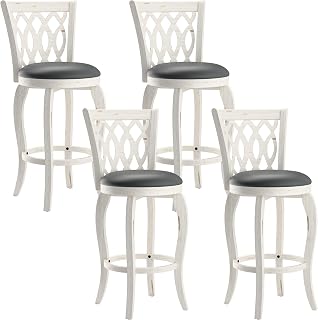 MU 29” Swivel Bar Stools, Bar Height Swivel Barstools with Faux Leather Upholstered Seat and Wooden Footrest, Counter Height Bar Stools for Kitchen Island & Pub, Set of 4, White