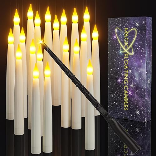 PChero 20 velas flotantes cónicas sin llama con control remoto de varita mágica, funciona con pilas, velas LED parpadeantes de Harry de 6.1 pulgadas