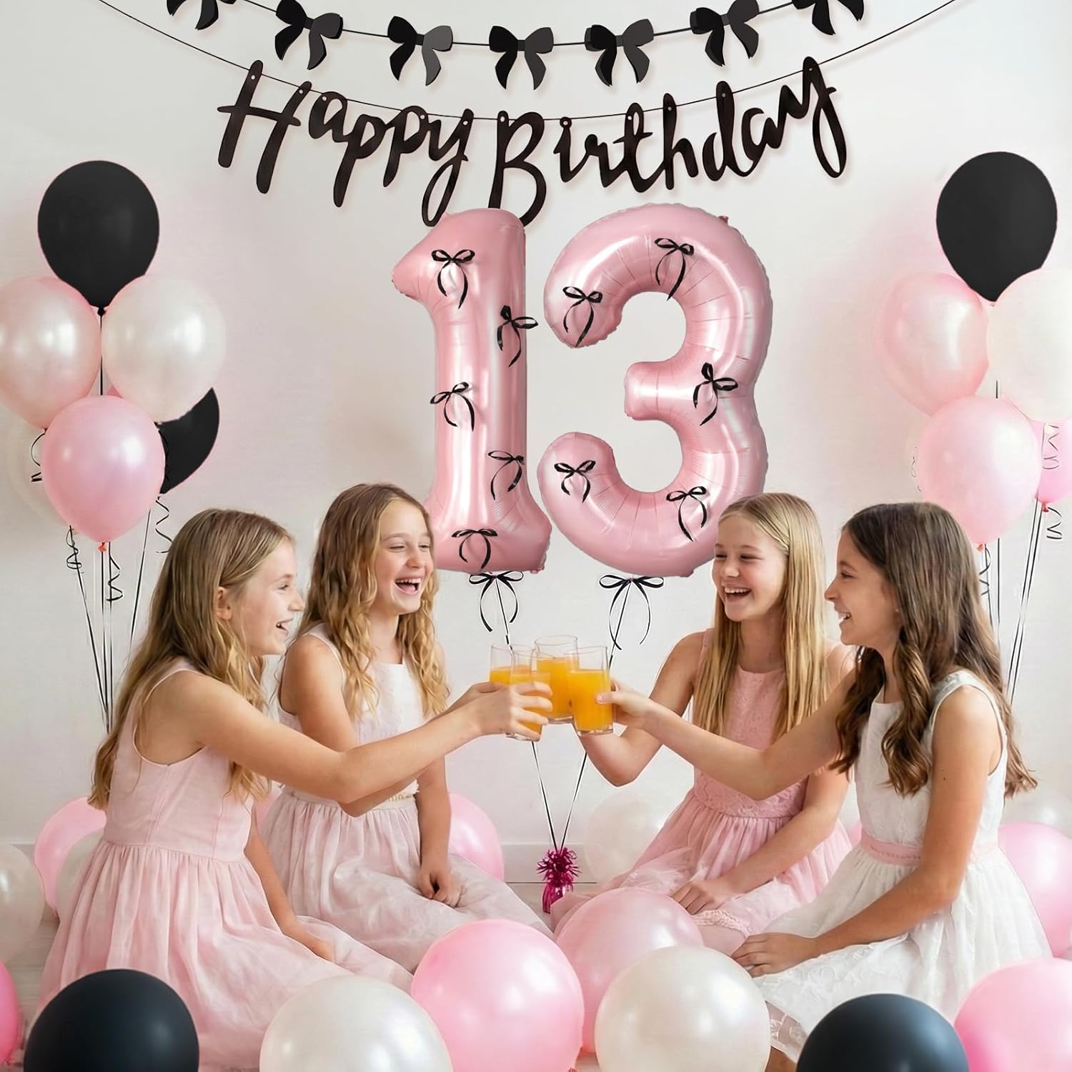 38Pcs Happy 13th Birthday Decorations for Girls White Pink and Black Birthday Balloons/13 Balloon Numbers/Black Happy Birthday Banner/Butterfly Banner, 13 Year Old Girl Birthday Party Decor Supplies