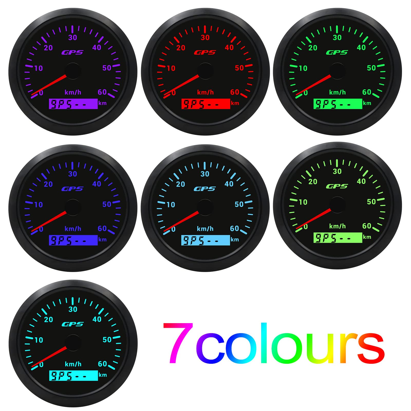 Geloo 85MM GPS tachimetro, 7 colori retroilluminazione 60KM/H contachilometri misuratore di velocità per moto barca marina camion auto con antenna GPS