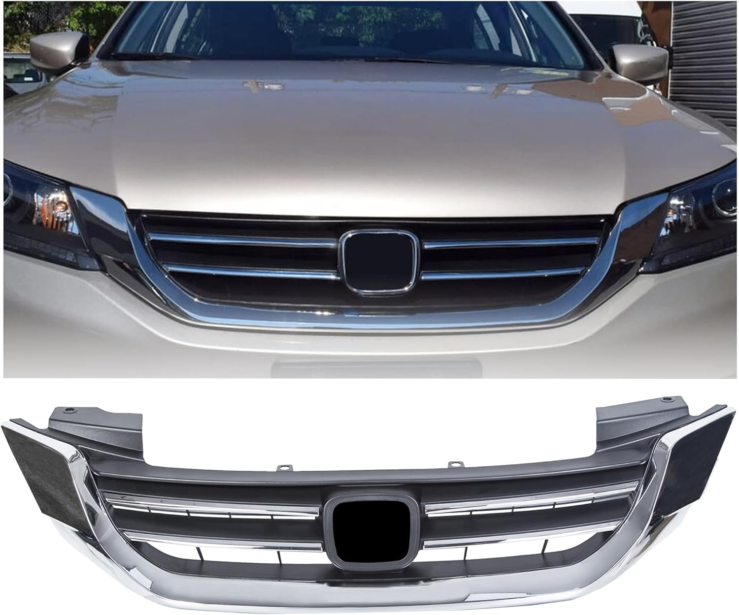 ECOTRIC Front Bumper Hood Grille Grill Compatible with 2013-2015 Honda Accord 4D Replacement for 71121T2FA01 HO1200214 Black & Chrome (4 Door Sedans ONLY)