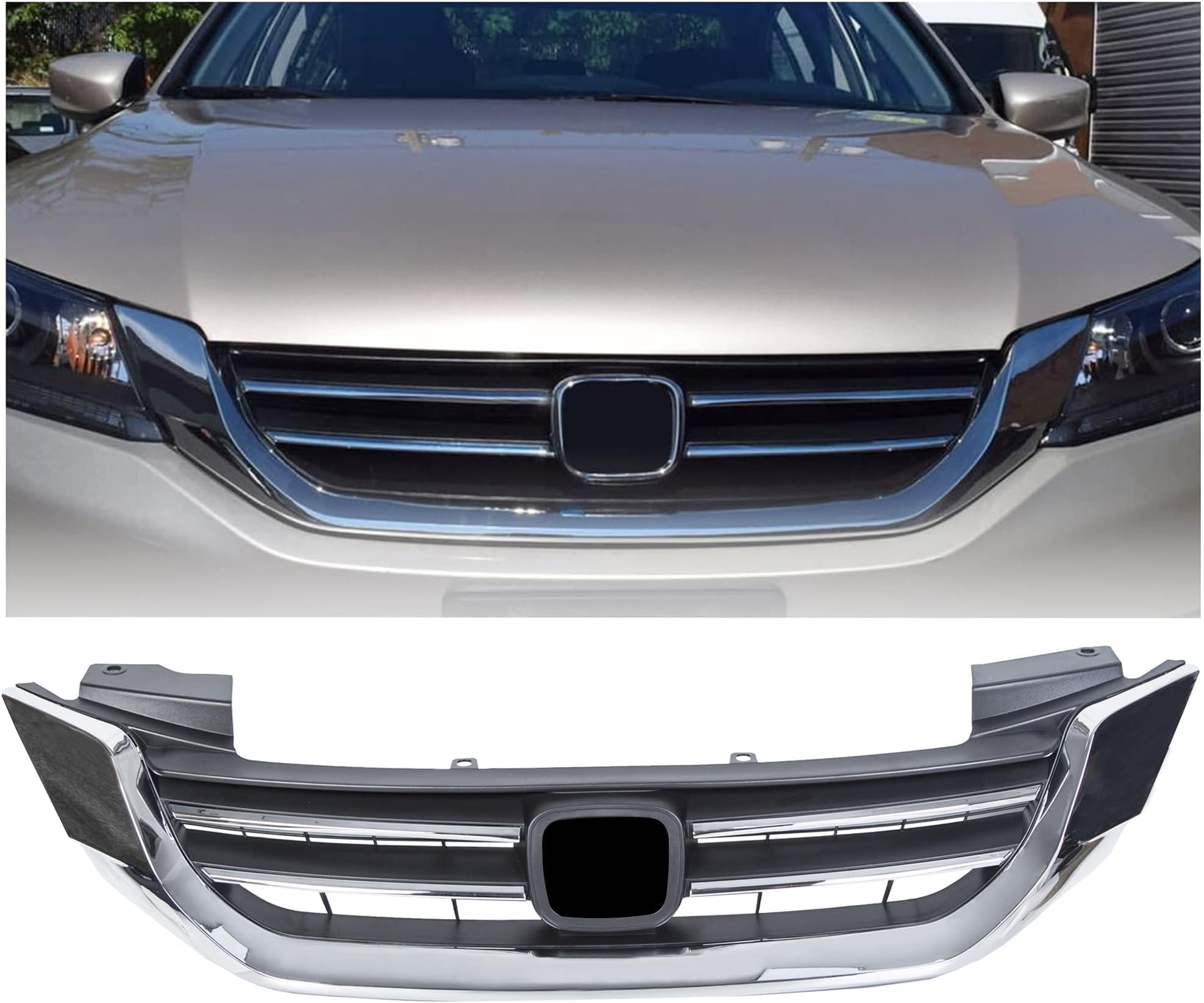 ECOTRIC Front Bumper Hood Grille Grill Compatible with 2013-2015 Honda Accord 4D Replacement for 71121T2FA01 HO1200214 Black & Chrome (4 Door Sedans ONLY)