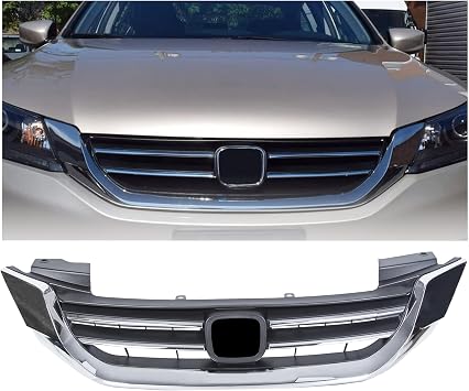 ECOTRIC Front Bumper Hood Grille Grill Compatible with 2013-2015 Honda Accord 4D Replacement for 71121T2FA01 HO1200214 Black & Chrome 4 Door Sedans ONLY