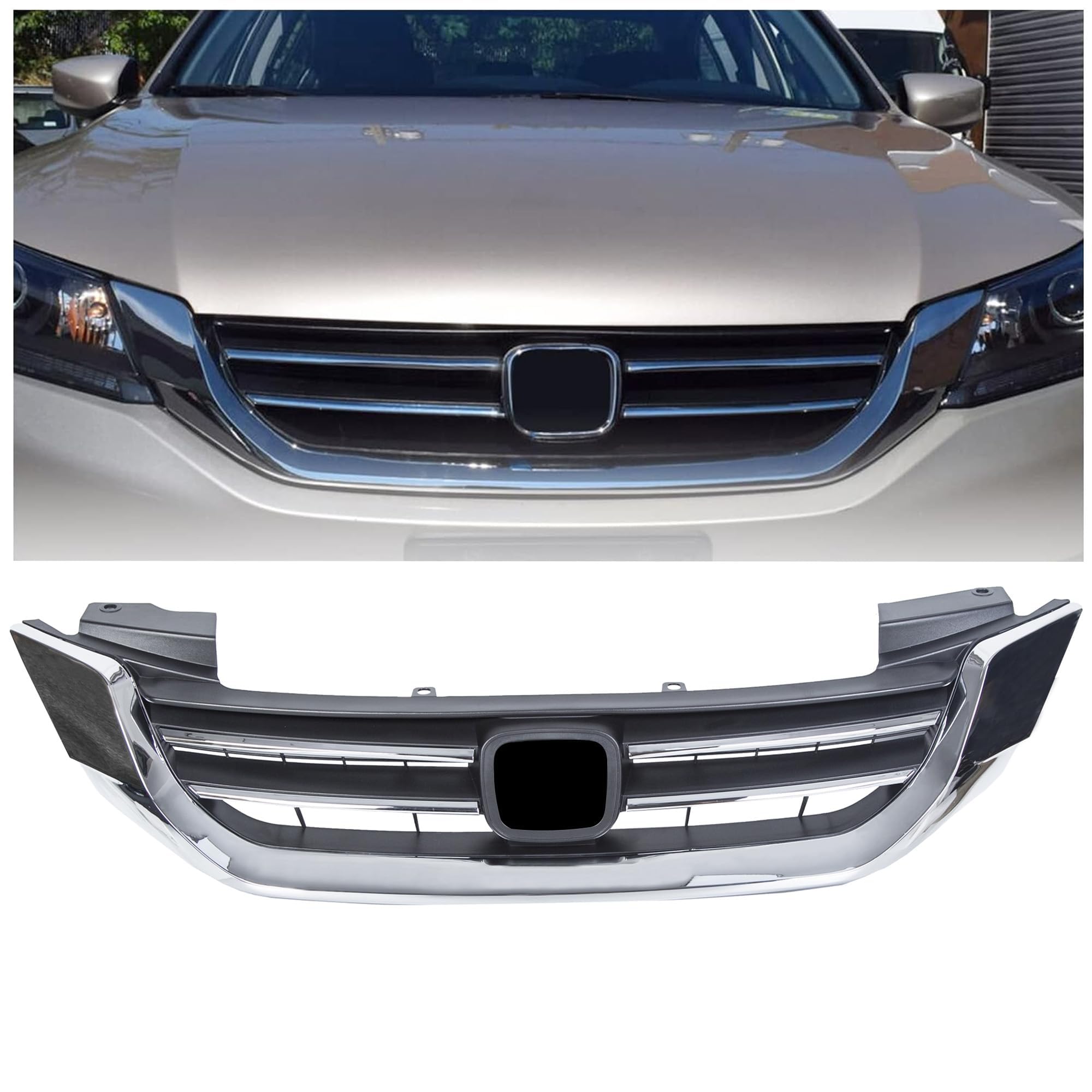 ECOTRIC Front Bumper Hood Grille Grill Compatible with 2013-2015 Honda Accord 4D Replacement for 71121T2FA01 HO1200214 Black & Chrome (4 Door Sedans ONLY)