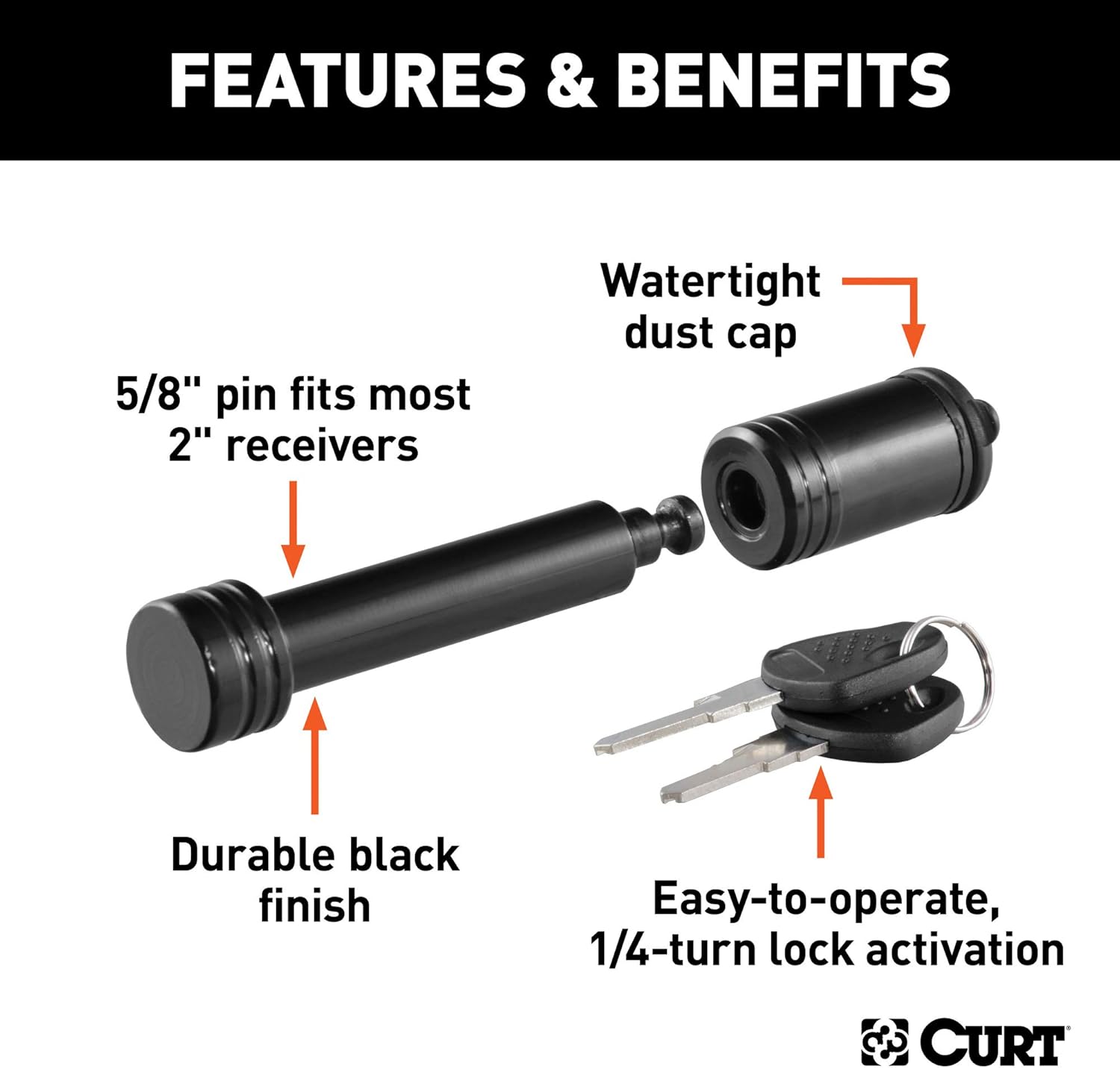 CURT 23518 Black Trailer Hitch Lock, 5/8-Inch Pin Diameter, Fits 2-Inch Receiver (Pack of 2)